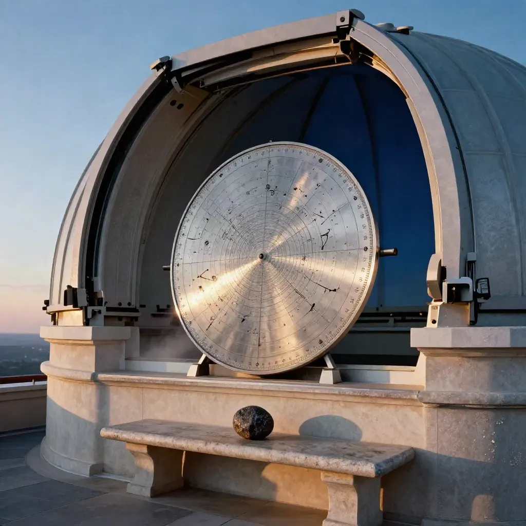 Öppen observatoriekupol i skymning med stjärnkarta, meteorit och stenbänk i kall nattluft.