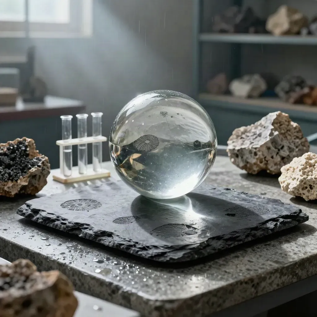 Glasklot över mineralprover och fossila avtryck i dimmigt morgonljus.