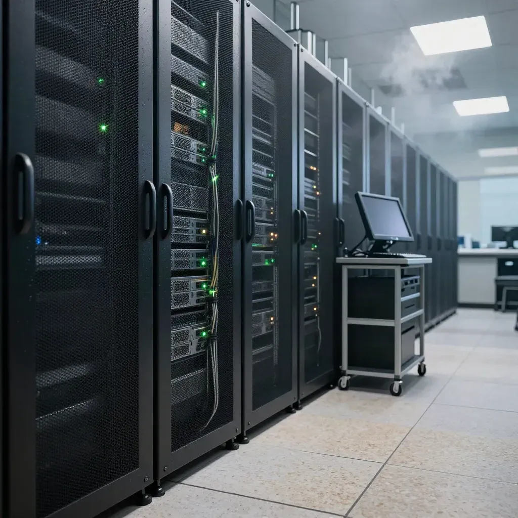 Serverrack i mörkt labbrum med kall dimma, blinkande statuslampor och en ensam terminalvagn.