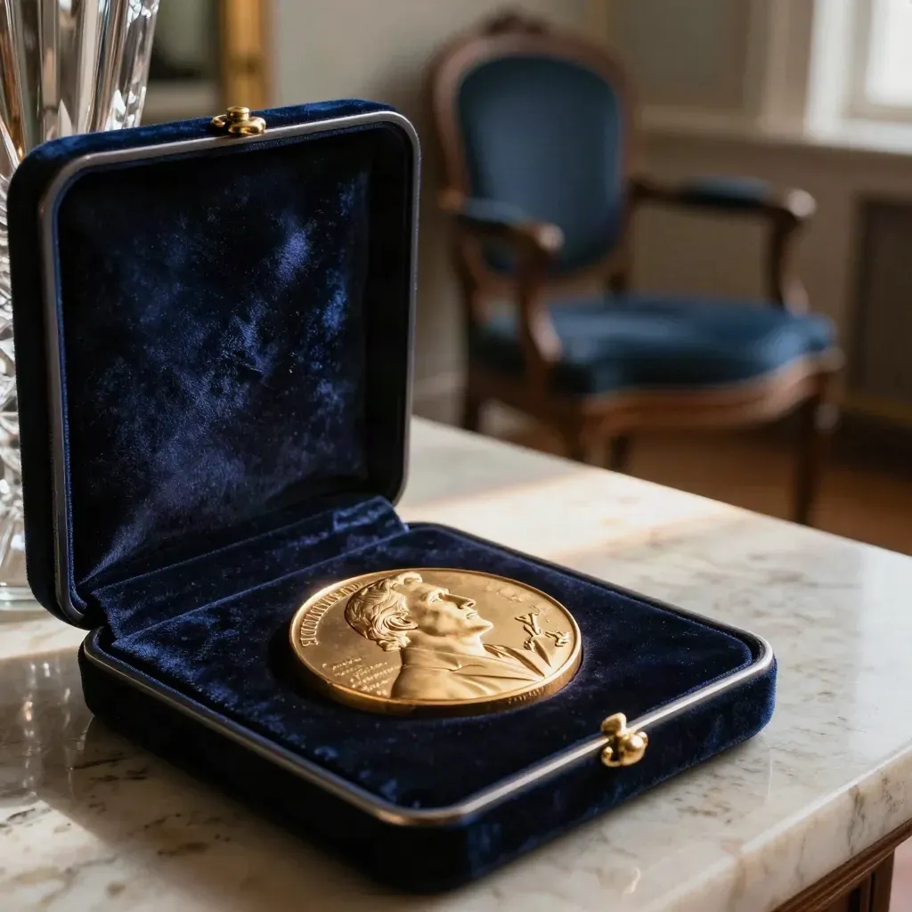 En Nobelmedalj i etui på mörk sammet, med kristallvas och tom stol i varmt ljus.