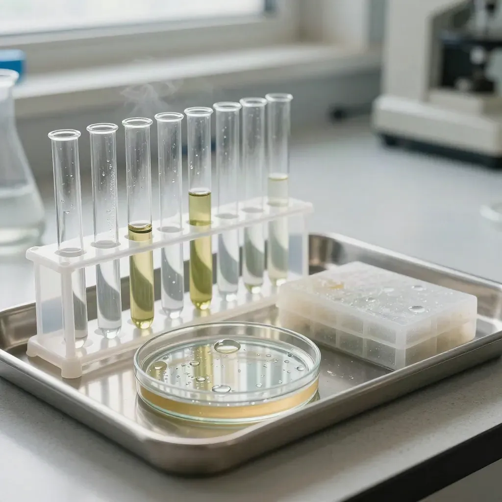 Genomskinliga provrör, en kondenspärlad petriskål och en kylbricka i kall laboratoriedimma.
