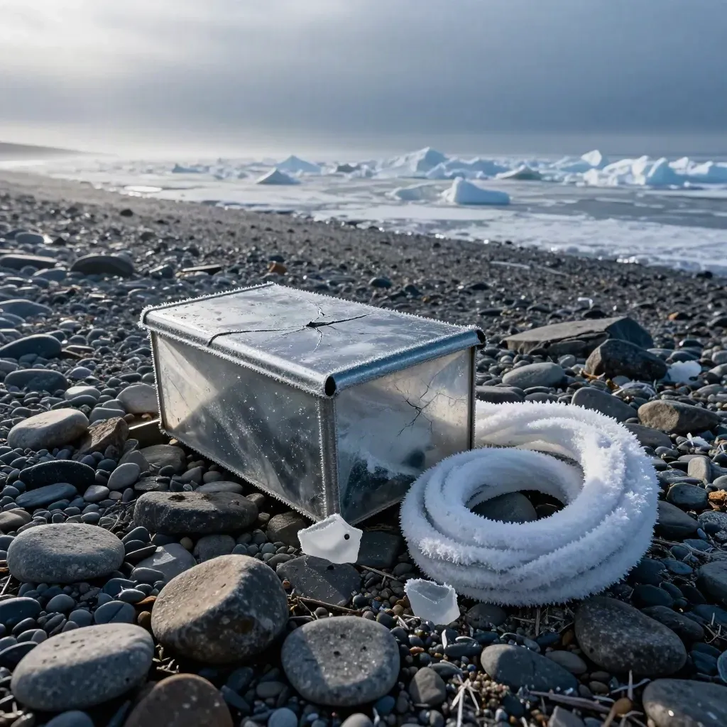 Isiga strandstenar och en halvnedgrävd provlåda i snörök vid ett arktiskt kustlandskap.