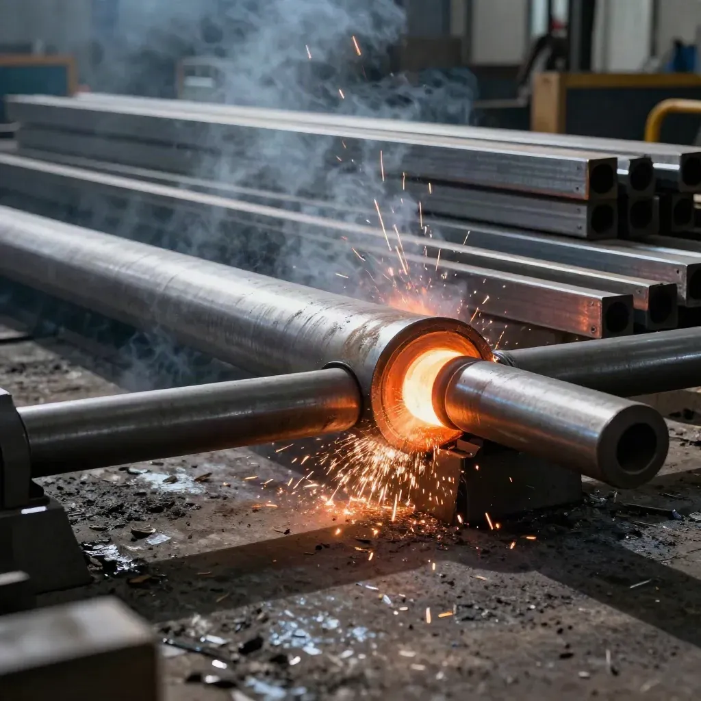Glödande stål glider ut ur valsverket och sprutar gnistor över ett sotigt industrigolv.