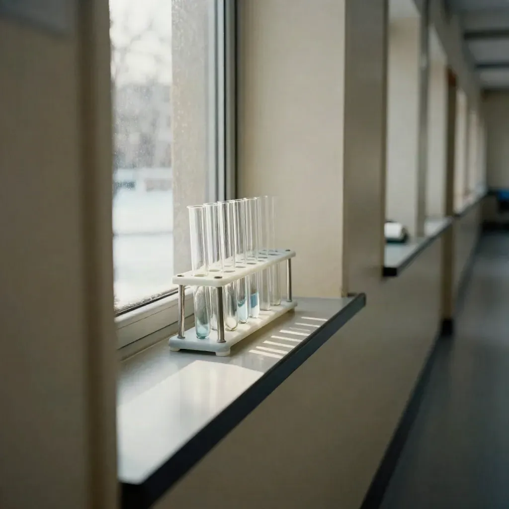 Provrör på metallbricka i en steril universitetskorridor med kallt vinterljus.